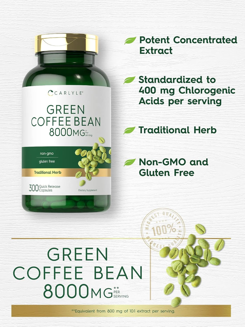 Green Coffee Bean Extract | 8000 Mg | 300 Capsules | Non-Gmo and Gluten Free Formula | Traditional Herb Supplement