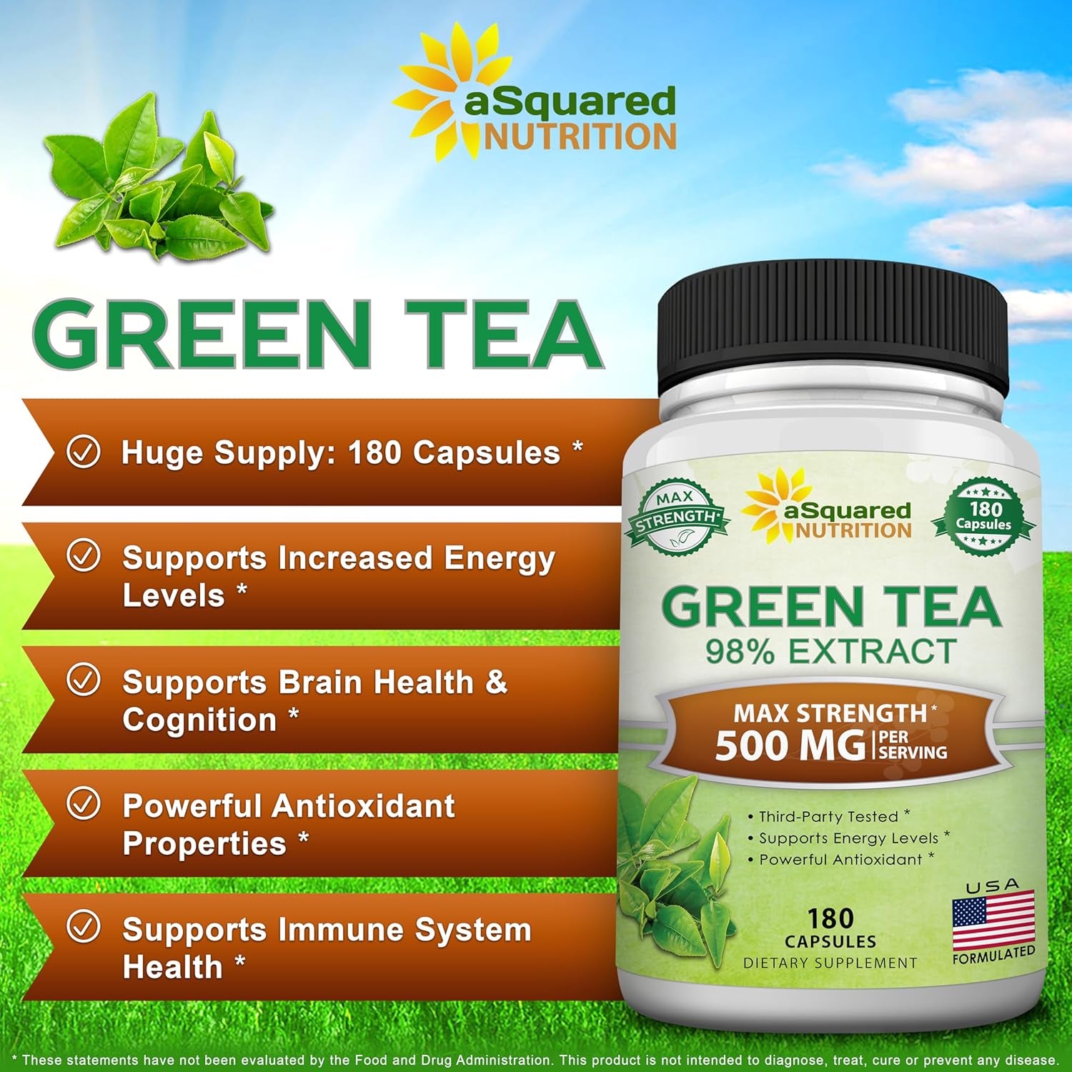  Green tea extract supplement Green Tea Extract with EGCG – 180 Capsules – 500Mg per Capsule – 75% Polyphenols, 45% EGCG – Antioxidant Support, Heart Health, Natural Detox – Low Caffeine Supplement