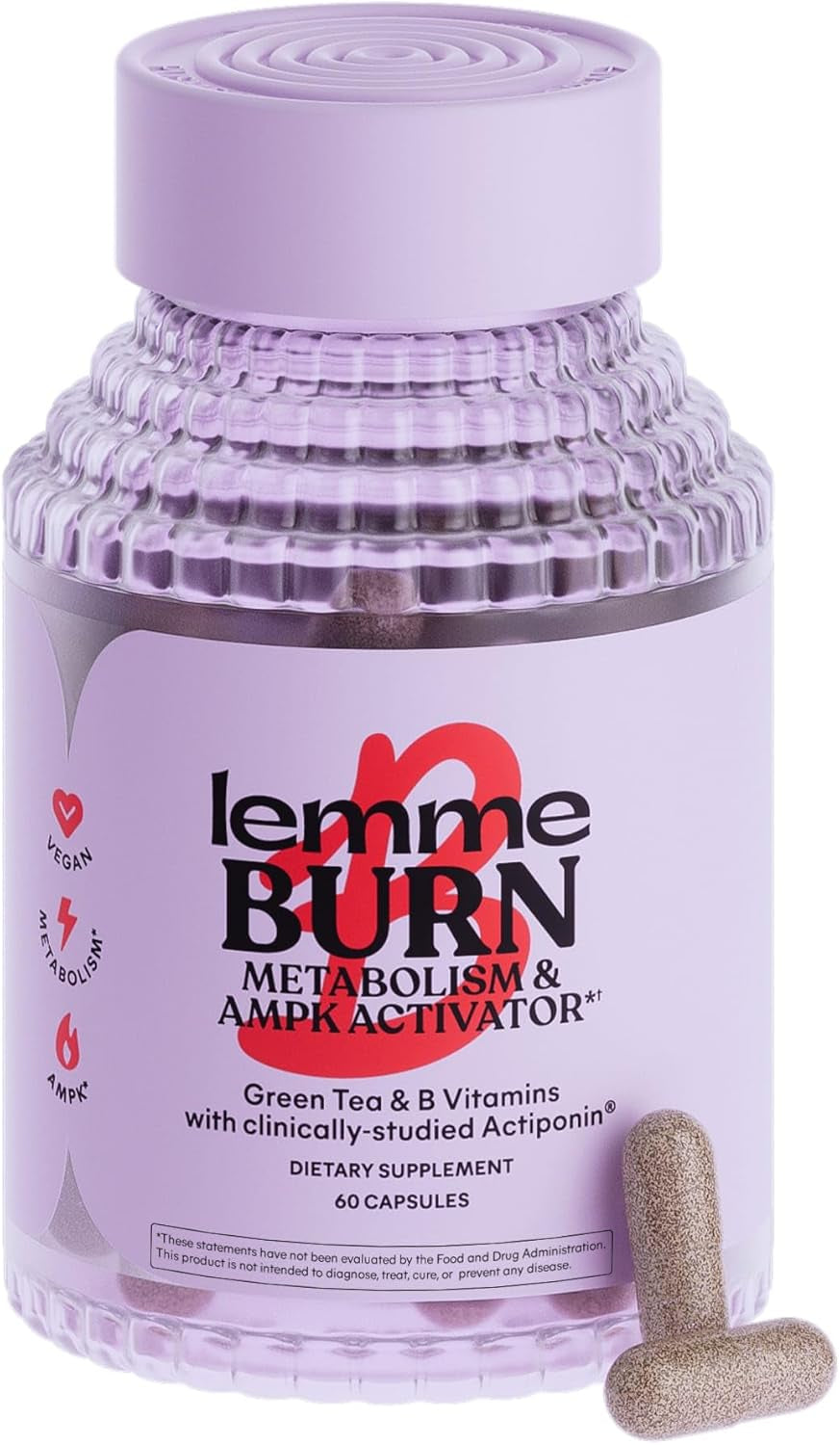Metabolism support supplement in a lavender bottle with capsules promoting energy balance and fat metabolism.