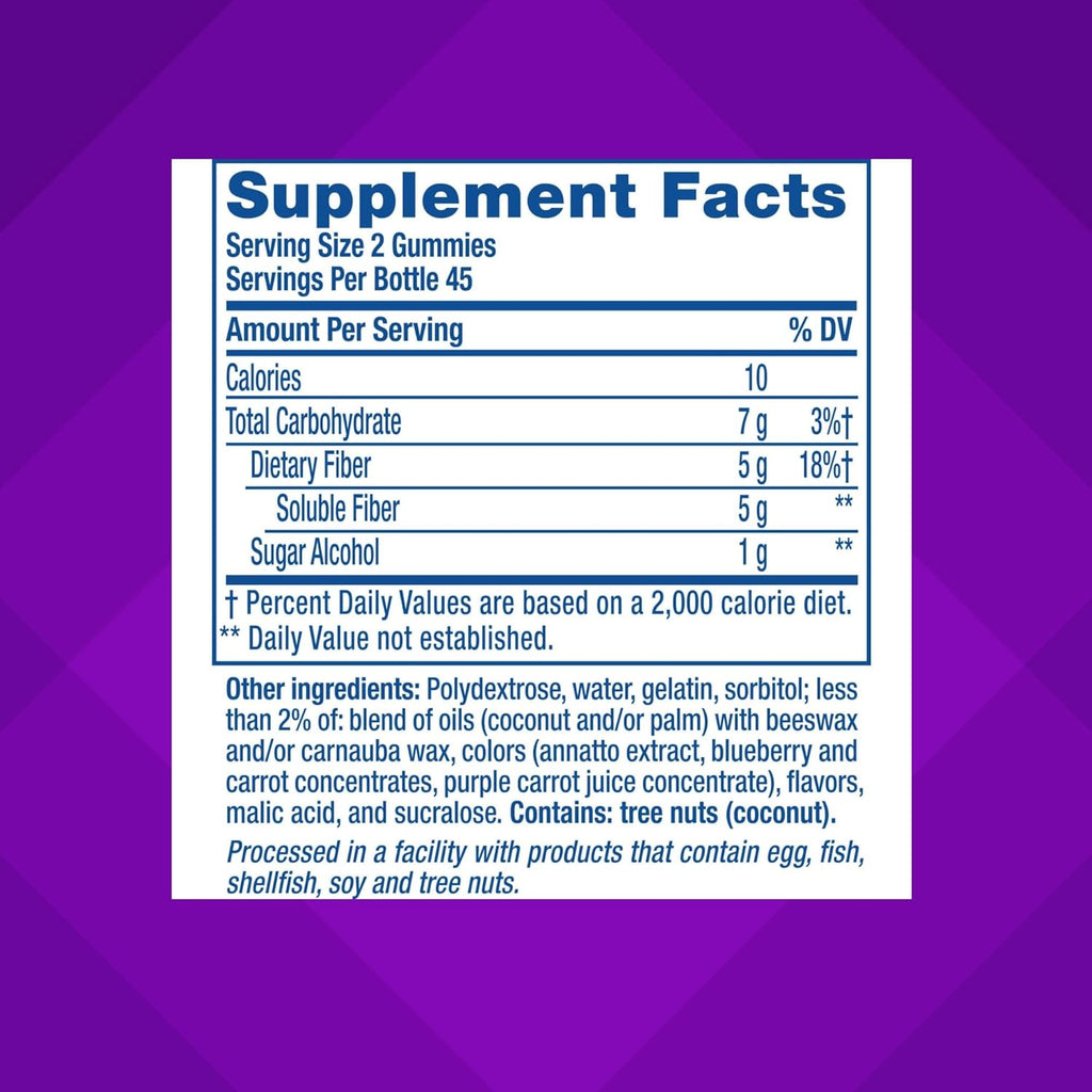 Supplement facts for Fiber Gummy Vitamins – Fiber Well Sugar Free Supplement showing nutritional details.
