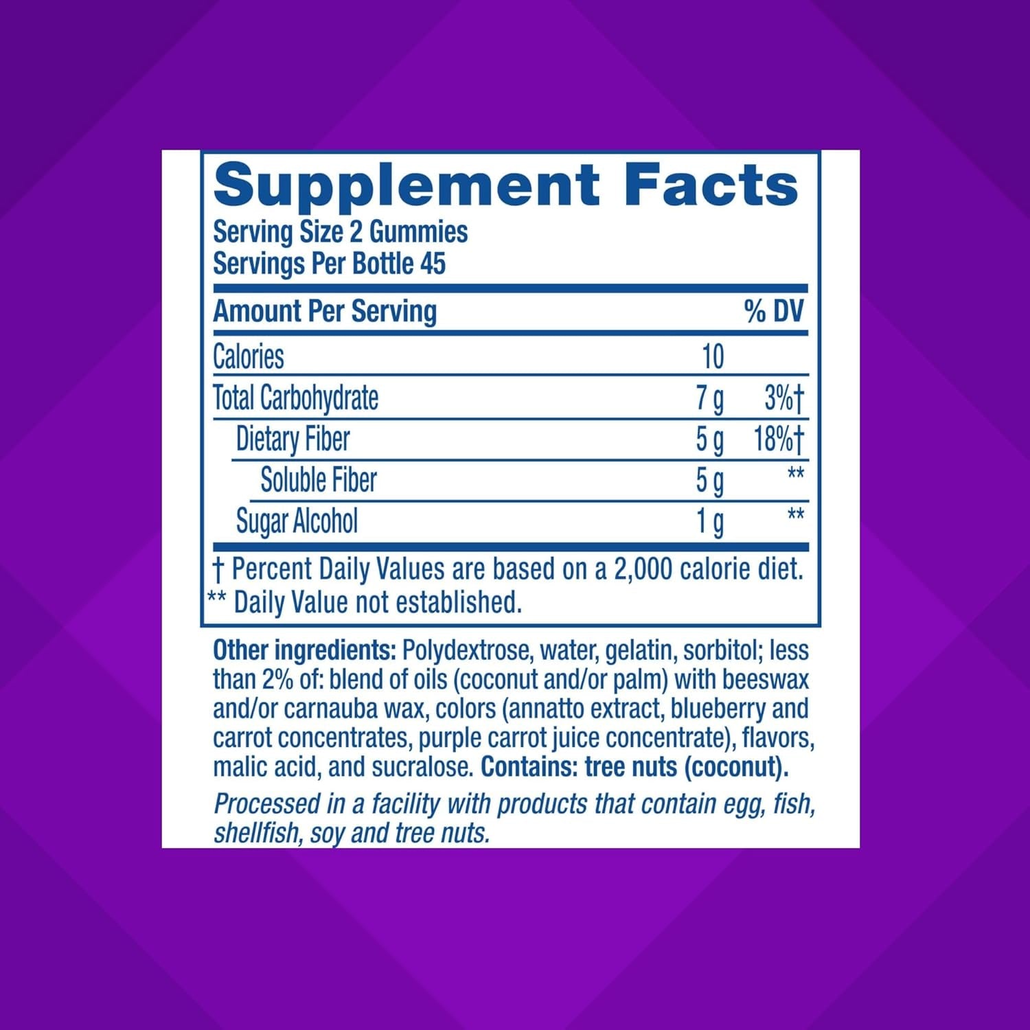 Supplement facts for Fiber Gummy Vitamins – Fiber Well Sugar Free Supplement showing nutritional details.