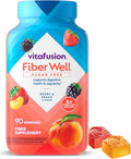 Fiber gummy vitamins in a vibrant bottle, Fiber Well Sugar Free Supplement, 90 gummies for digestive health.