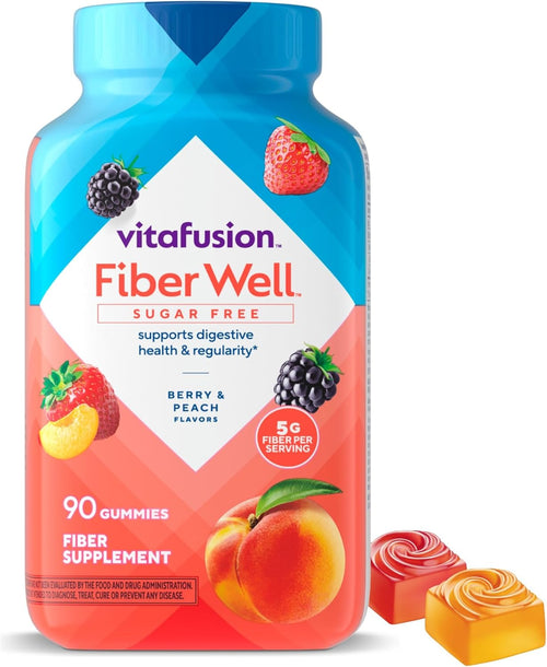 Fiber gummy vitamins in a vibrant bottle, Fiber Well Sugar Free Supplement, 90 gummies for digestive health.