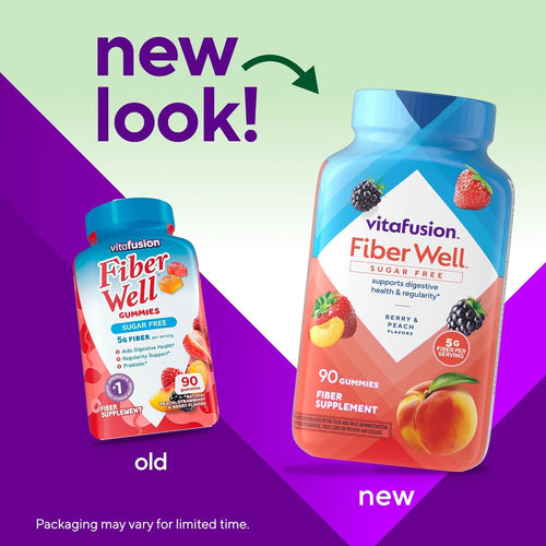 New packaging for Fiber Gummy Vitamins Fiber Well Sugar Free Supplement, featuring old and new designs.